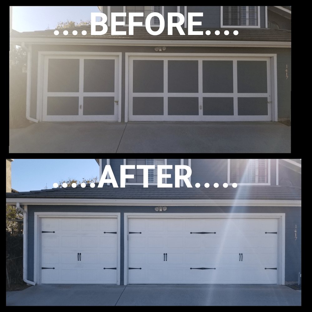Before and after: a plain door replaced with a white carriage-style door