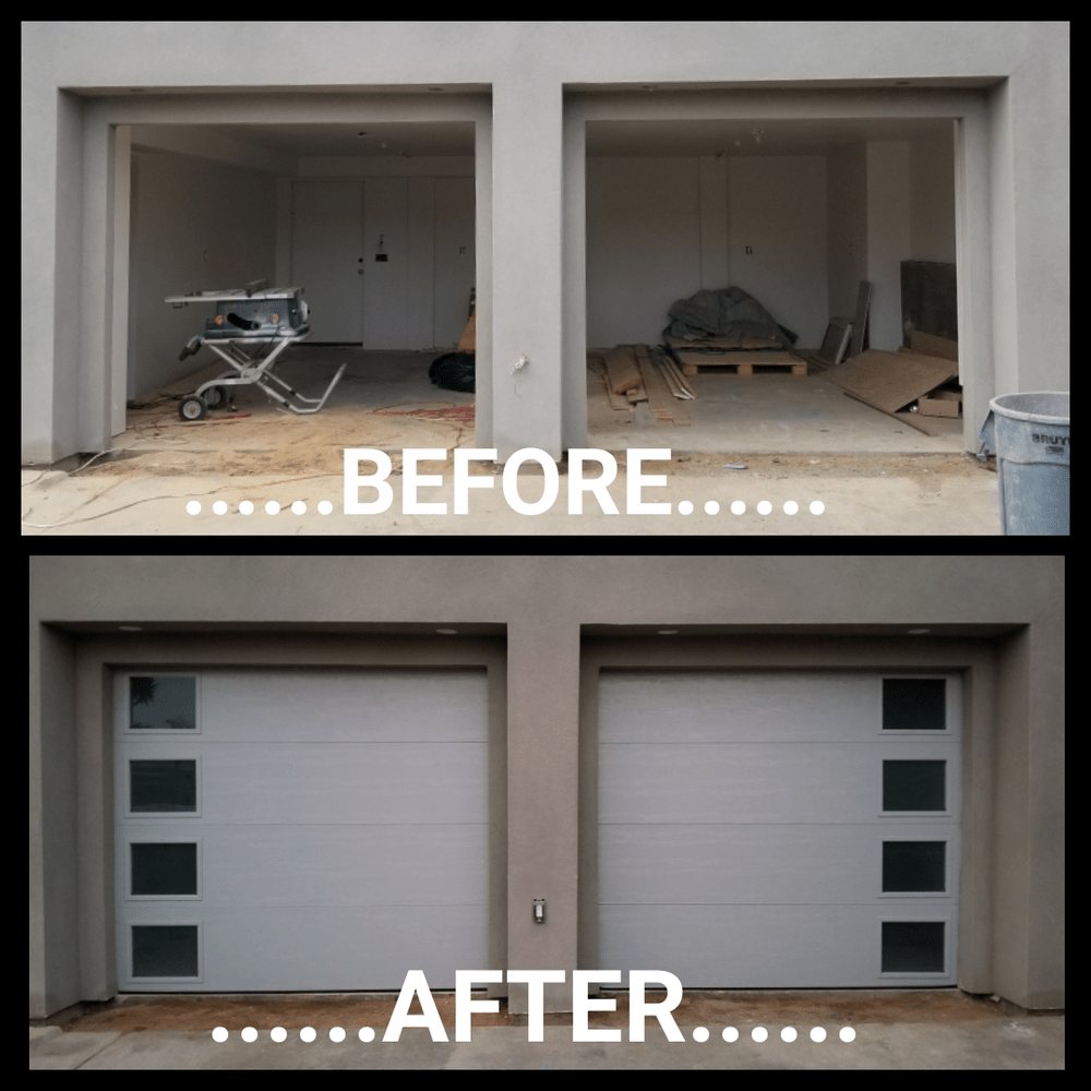 Before and after: two empty garage openings fitted with new white modern doors